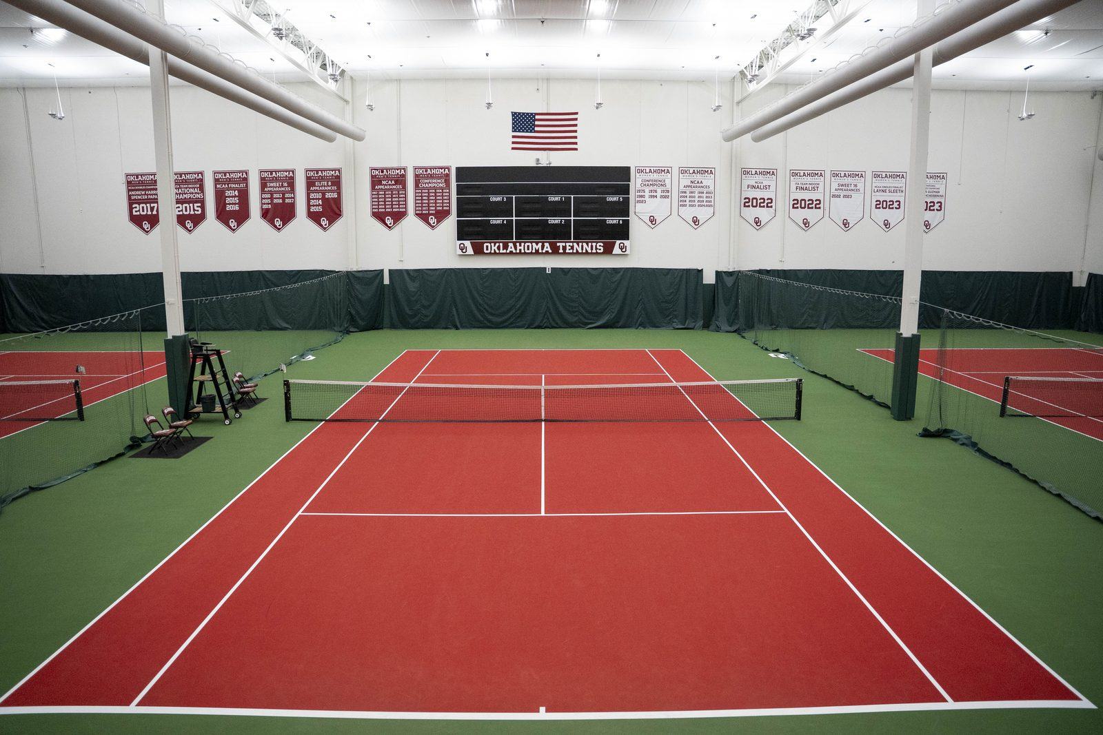 Indoor court centered on the net at the Gregg Wadley Pavilion