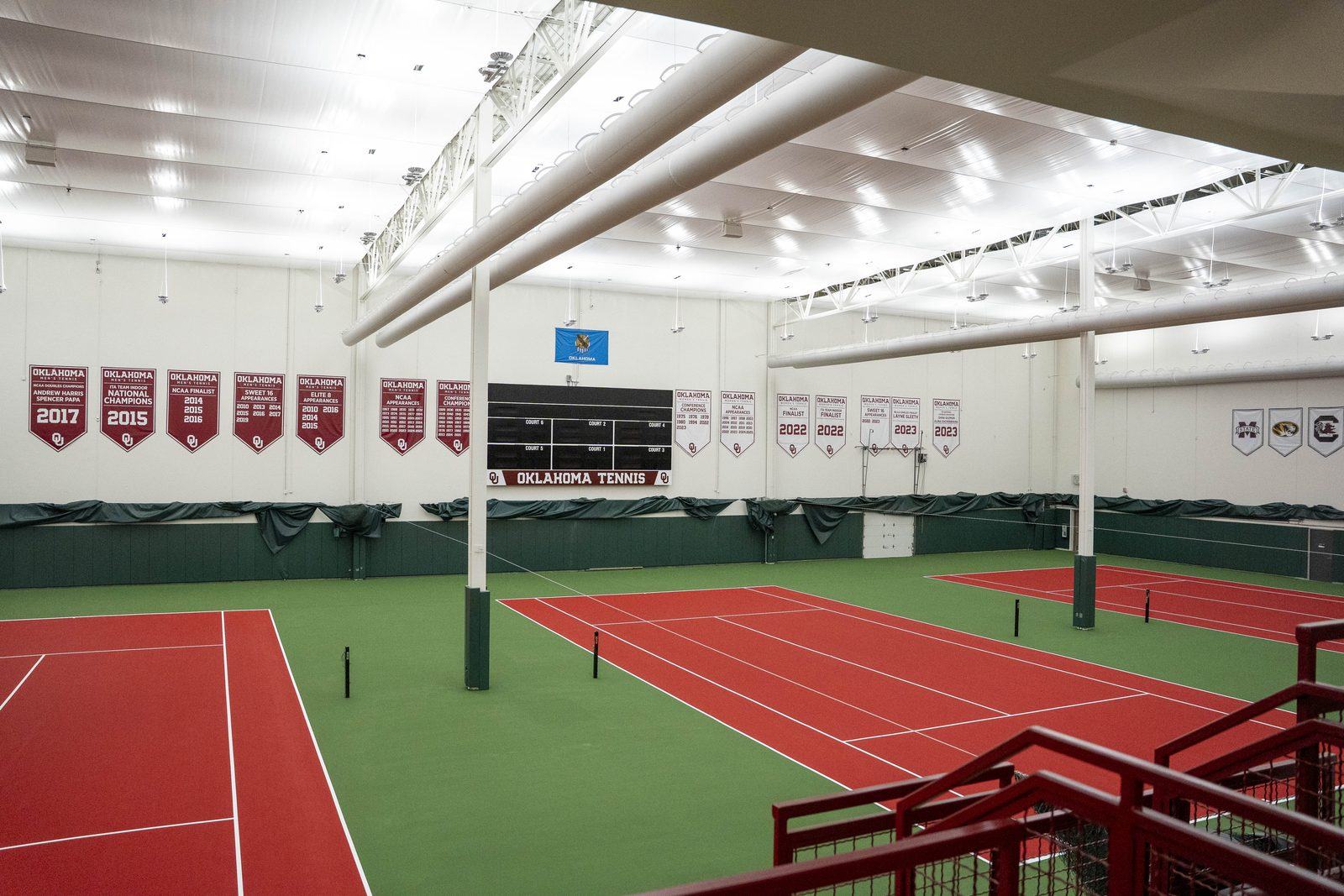 Six indoor tennis courts at the University of Oklahoma after resurfacing