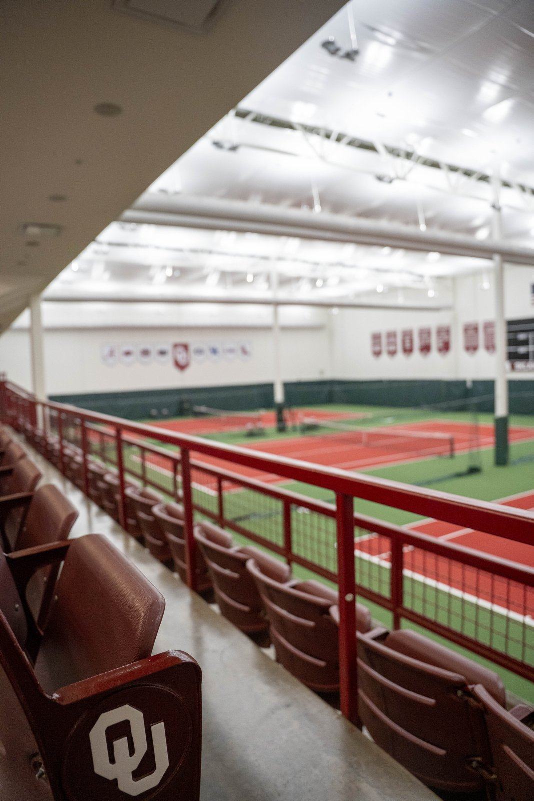 Indoor courts at the Gregg Wadley Pavilion at the University of Oklahoma seen from the seating